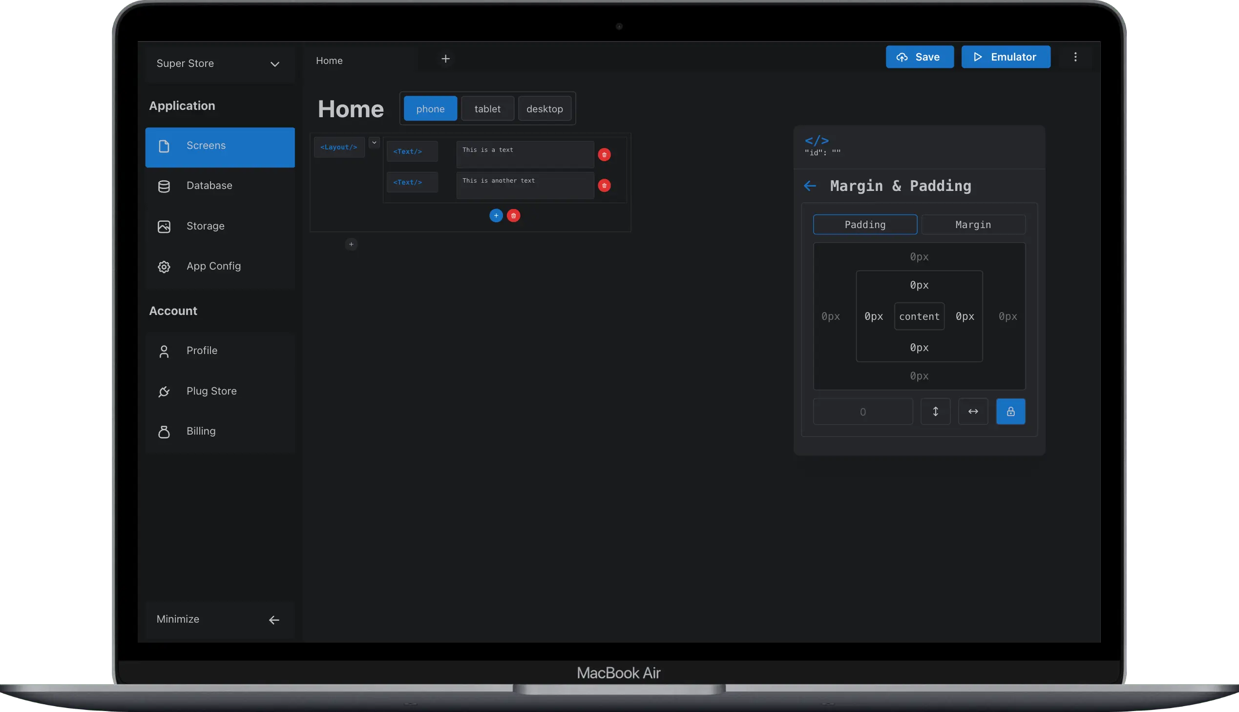 Create multiple pages, web emulator for visualization, easy styling pannel ( draggable ), database manager, storage manager